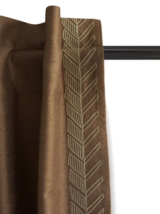 Door Curtain | Solid Brown Textured Leaf Embroidered Curtain | Back Loop | 52 Inch x 90 Inch | 7 ft