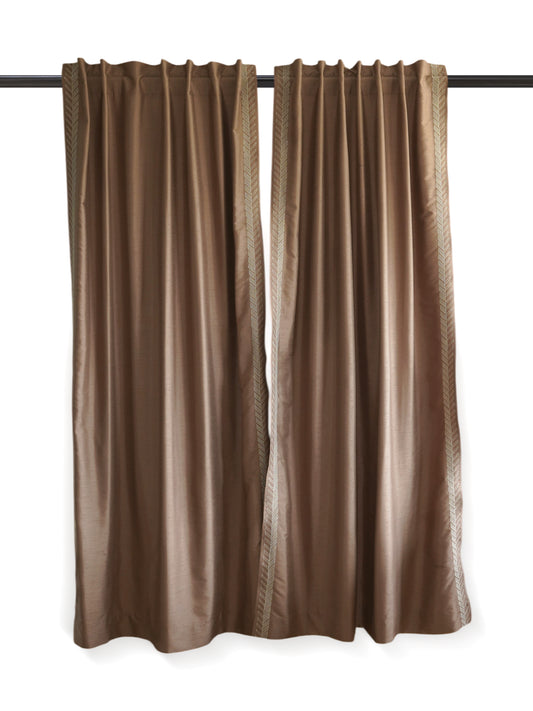 Door Curtain | Solid Brown Textured Leaf Embroidered Curtain | Back Loop | 52 Inch x 90 Inch | 7 ft