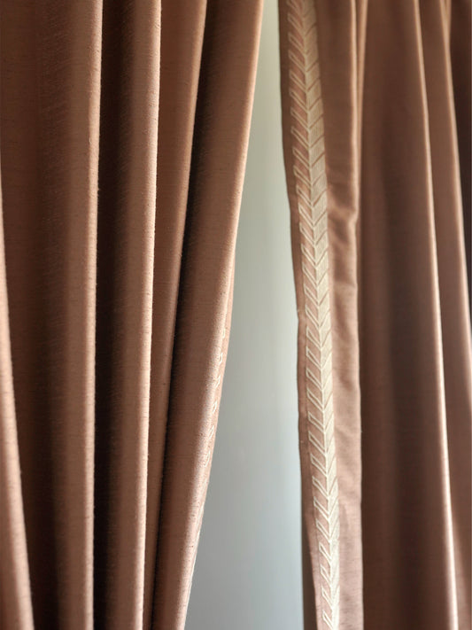 Door Curtain | Solid Brown Textured Leaf Embroidered Curtain | Back Loop | 52 Inch x 90 Inch | 7 ft