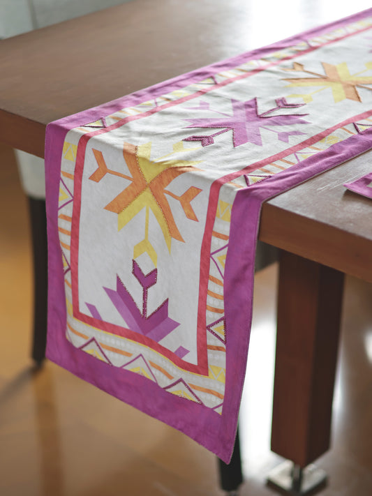 Phulkari Embroidered Velvet Table Runner | 4 and 6 Seater | 12 Inch x 84 Inch | Pink & Yellow