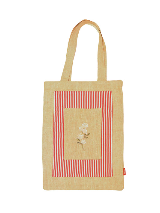 Floral Embroidered Tote Bag with Stripes | Valentine's Day Gift | Red and Brown - 11x15 inch