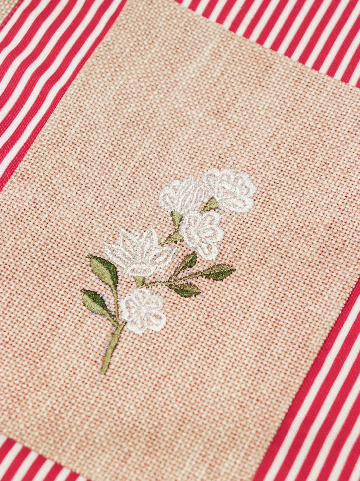 Floral Embroidered Tote Bag with Stripes | Valentine's Day Gift | Red and Brown - 11x15 inch