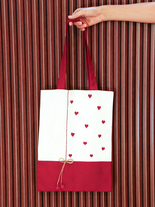 Heart Embroidered Tote Bag with Lace and Bow | Valentines Day Gift | Red and White - 11x15 inch