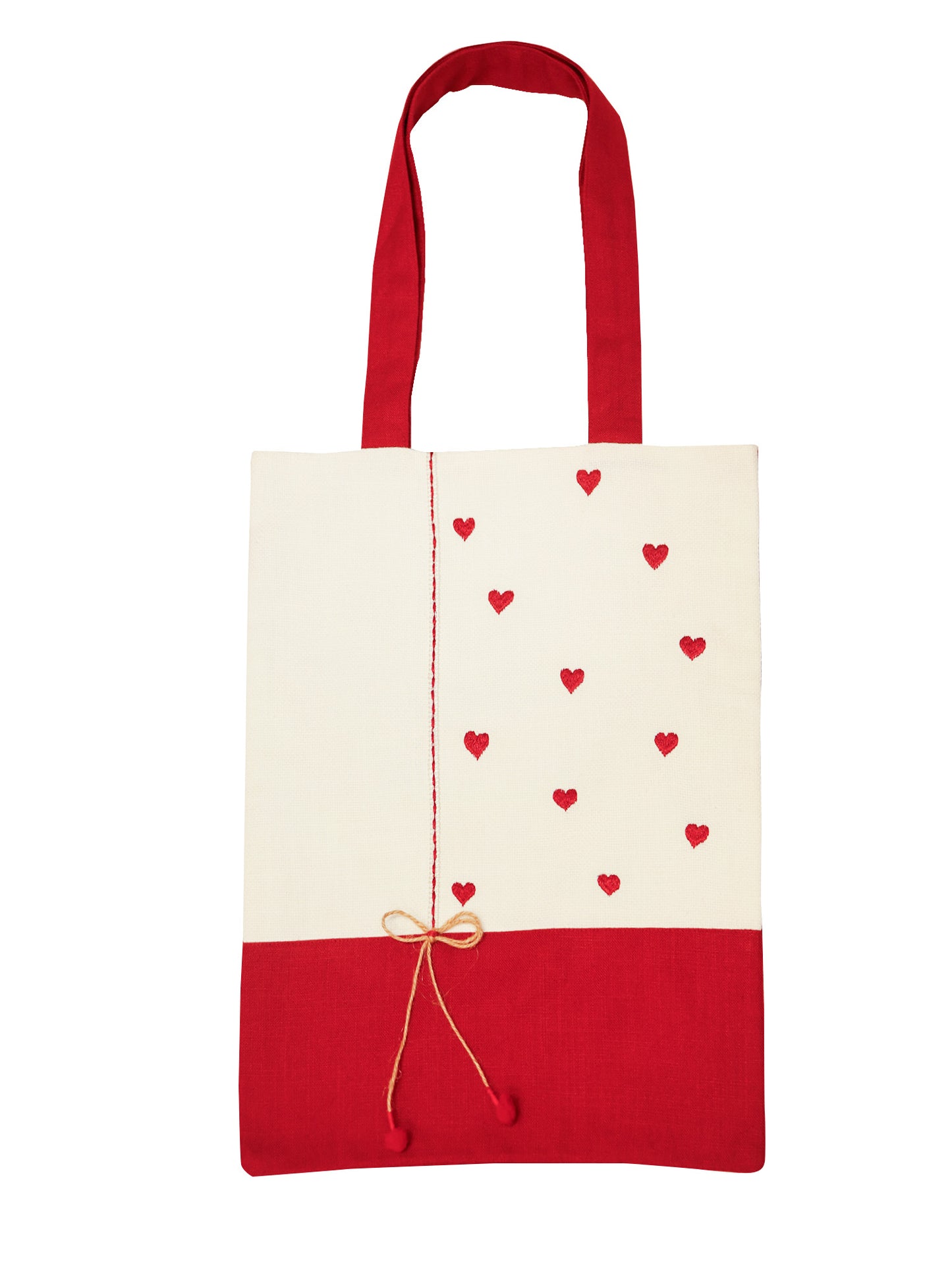 Heart Embroidered Tote Bag with Lace and Bow | Valentines Day Gift | Red and White - 11x15 inch