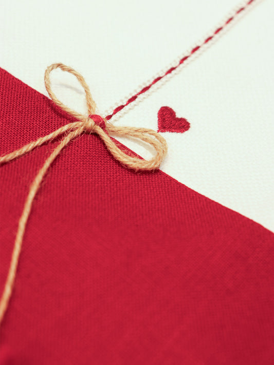 Heart Embroidered Tote Bag with Lace and Bow | Valentines Day Gift | Red and White - 11x15 inch