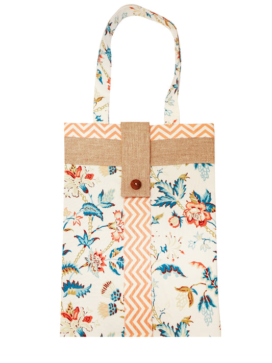Floral and Cheveron Printed Tote bag with Button Opening | Valentine's Day Gift | White and Brown - 11x15 inch