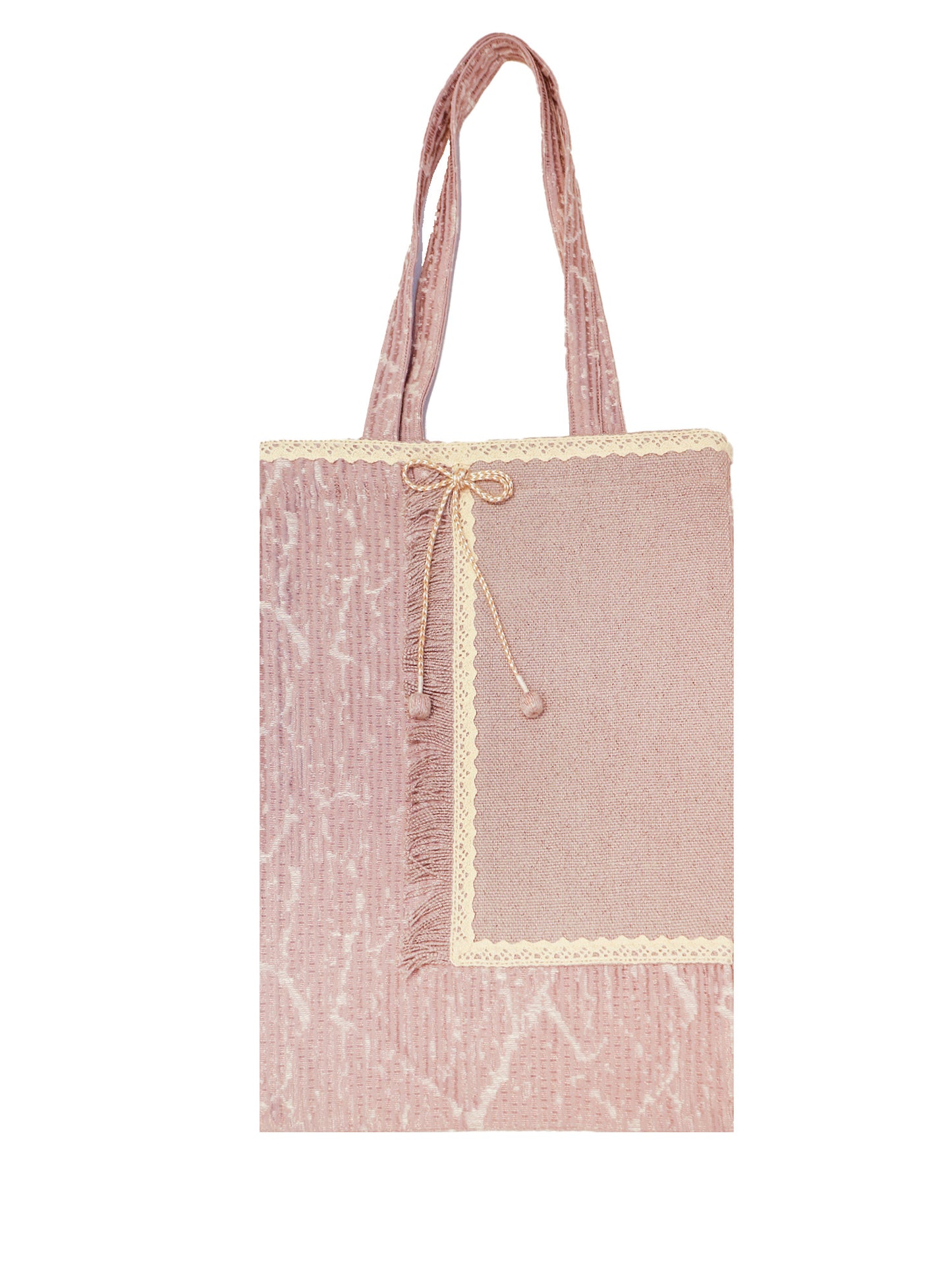 Self Textured Tote Bag with Frayed Patch, Lace with Bow | Valentine's Day Gift | Lilac - 11x15 inch