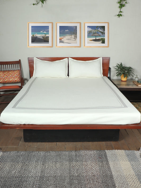 Light Grey colored embroidered bed cover with 2 matching pillow covers made from cotton blend for queen size double bed 90x108 inch