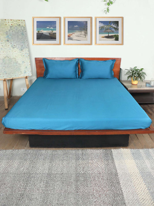 Blue colored plain soft bedsheet with 2 matching pillow covers made from 100% pure cotton for king size double bed in 400 thread count fabric