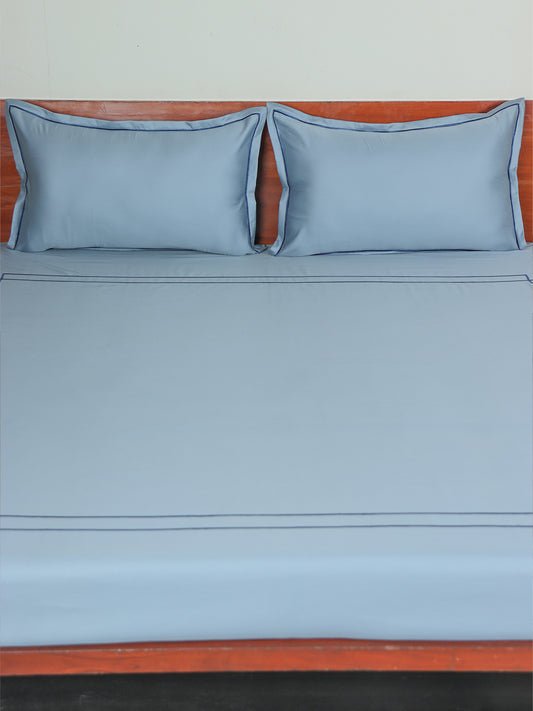 light blue embroidered bedsheet with 2 matching pillow covers made from 100% pure cotton for king size double bed in 800 thread count fabric