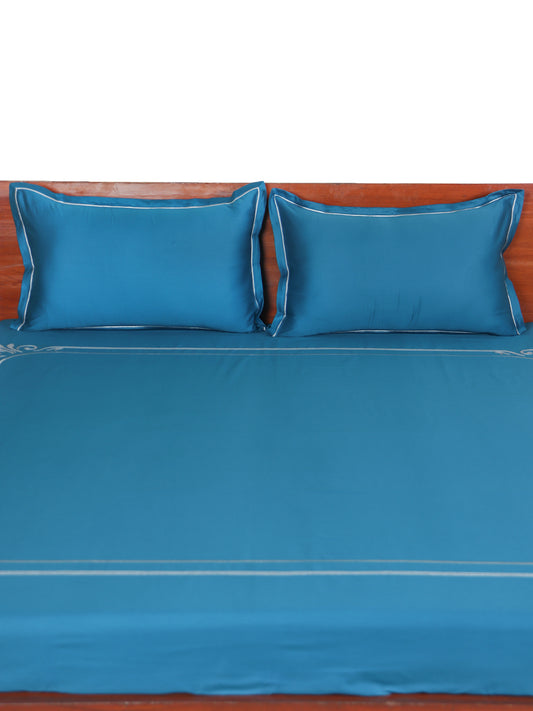 teal blue colored embroidered soft bedsheet with 2 matching pillow covers made from 100% pure cotton for king size double bed in 400 thread count fabric