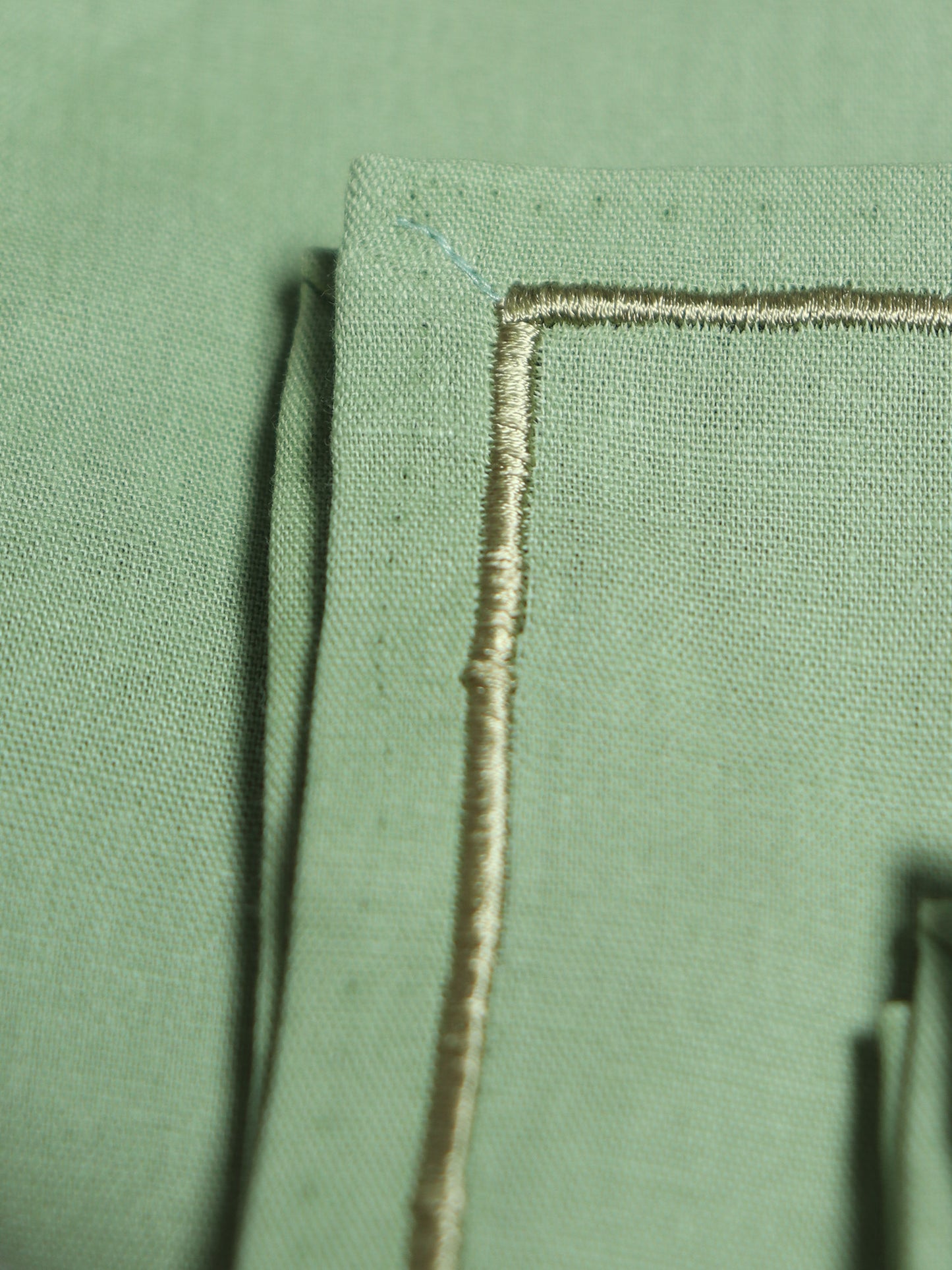 closeup of embroidered set of 6 dinner napkins in olive green color - 16x16 inch