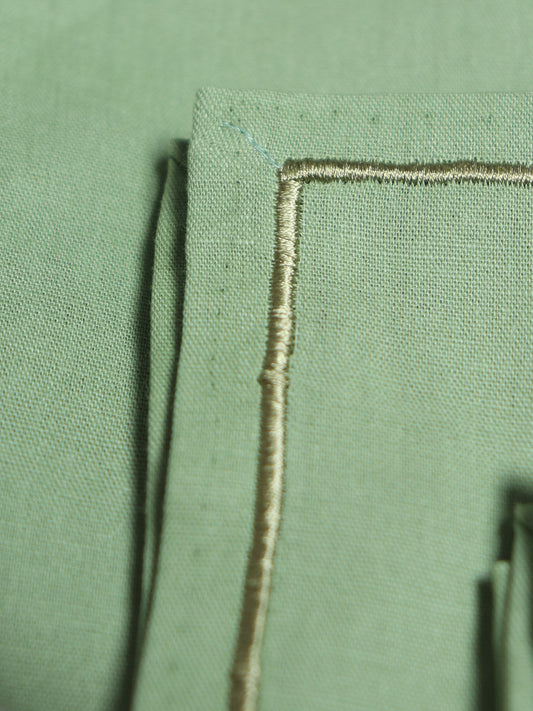 closeup of embroidered set of 6 dinner napkins in olive green color - 16x16 inch