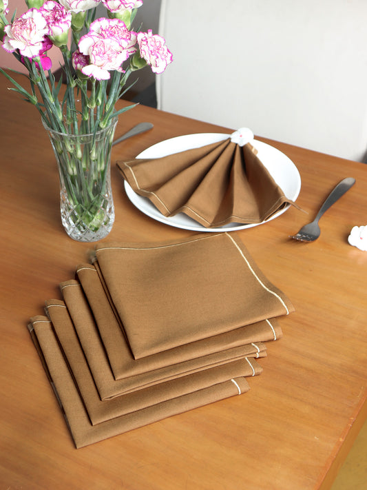 Dinner Napkins 6pcs Set Cotton, Embroidered Napkins for Dinner table Golden Brown - 16"x16"