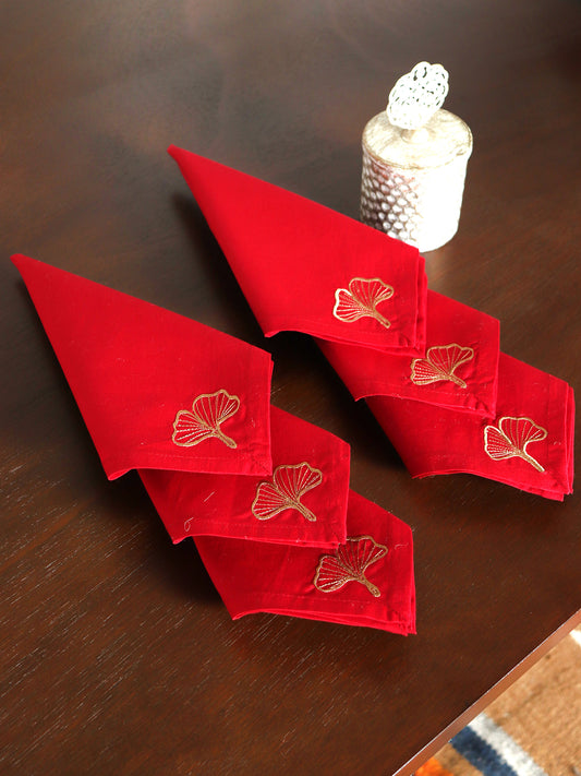 leaf embroidered set of 6 dinner napkins cotton red color - 16x16 inch