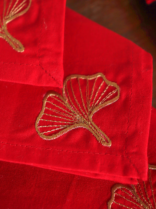 leaf embroidered set of 6 dinner napkins cotton red color - 16x16 inch