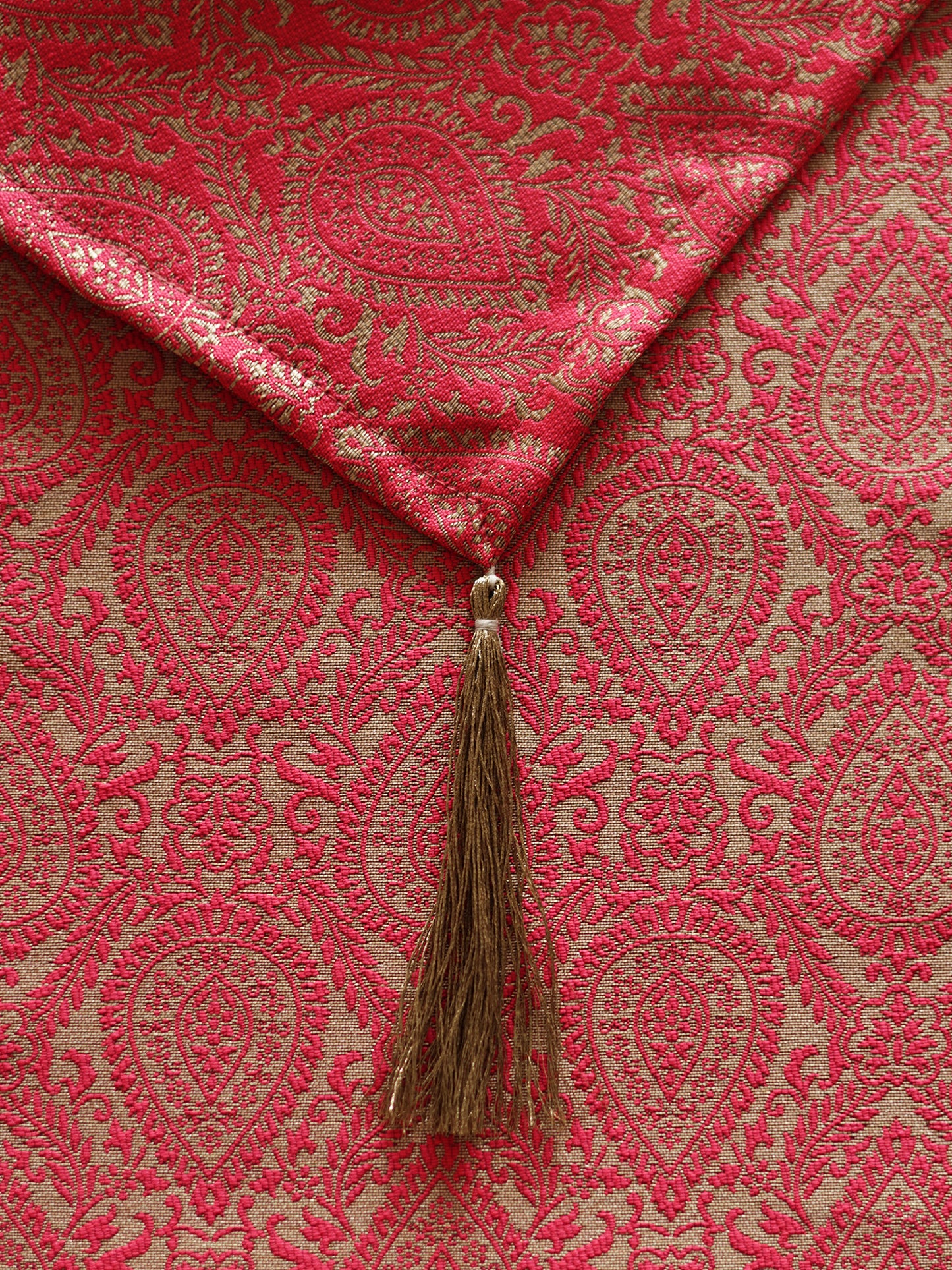 Golden Zari Broacade Table Runner with Tassels | Red | 12 x 84 inch