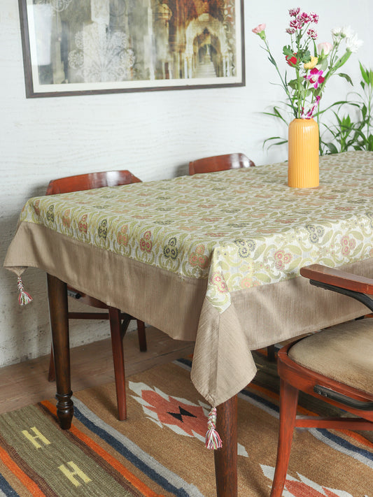 Gold Colored benarasi Brocade Silk floral Table cover with panel border and hand braided Tassels for 6 seater table 52x84 inches
