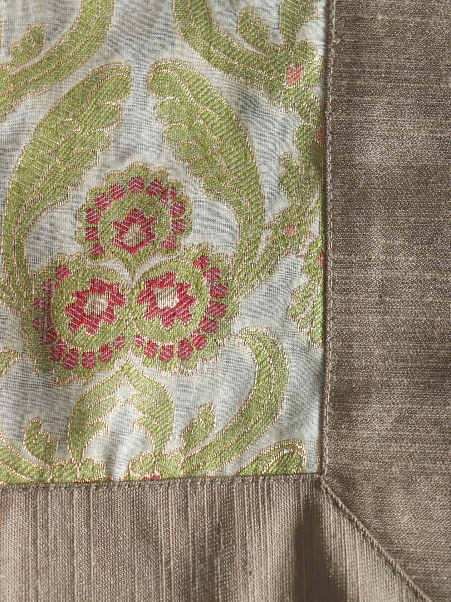 Gold Colored benarasi Brocade Silk floral Table cover with panel border and hand braided Tassels for 6 seater table 52x84 inches