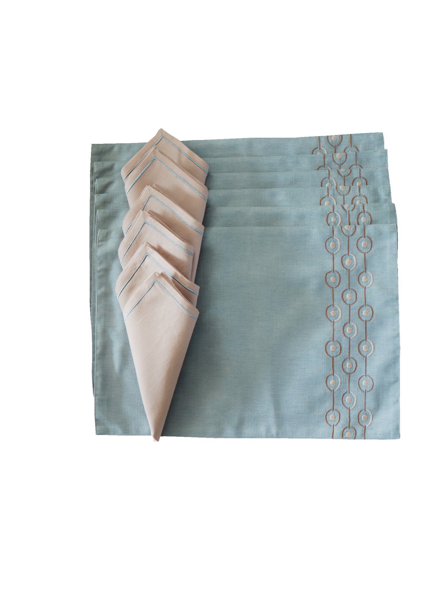 Embroidered Placemat/Tablemats and Napkins Set Polycanvas - Light Blue Set of 6 Mats 13x19 in & 6 Napkins 16x16in (33x48 cms, 40x40 cms)