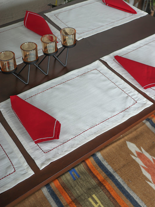 embroidered dinner table placemats and embroidered napkins in white and red contrast - 13x19 inch