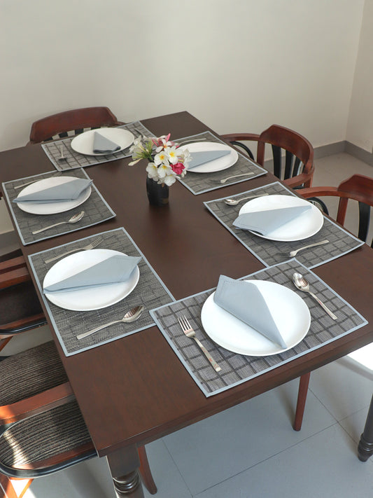 Solid Dinner Table Mats and Table Napkin | Flat Piping | Set of 6 | Grey and Blue | Polyester | Cotton | 12 Inch x 18 Inch | 16 Inch x 16 Inch