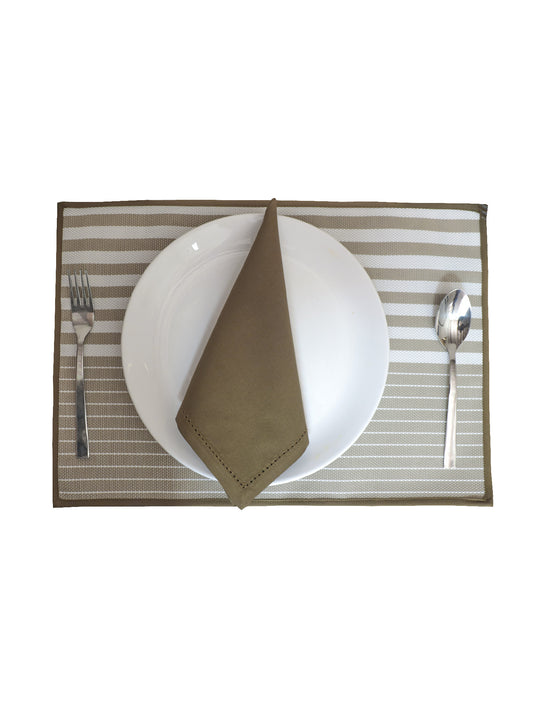 Solid Dinner Table Mats and Table Napkin | Flat Piping | Olive | Set of 6 | Polyester | Cotton | 12 Inch x 18 Inch | 16 Inch x 16 Inch