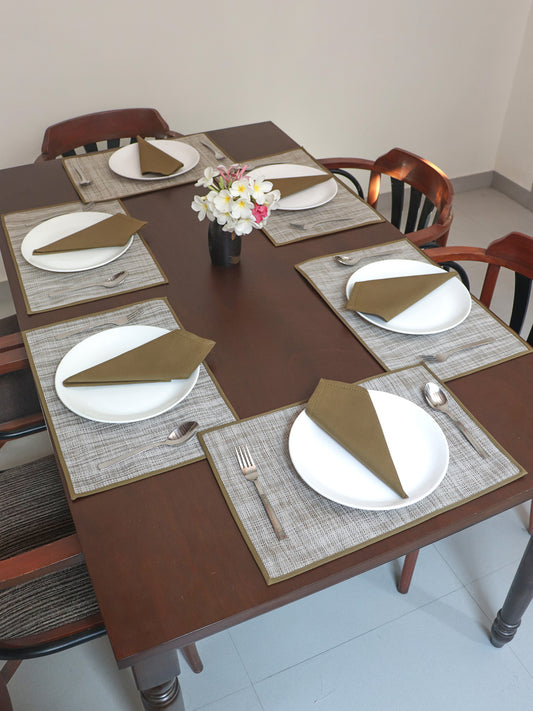Solid Dinner Table Mats and Table Napkin | Flat Piping | Set of 6 | Olive | Polyester | Cotton | 12 Inch x 18 Inch | 16 Inch x 16 Inch