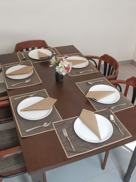 Solid Dinner Table Mats and Table Napkin | Flat Piping | Set of 6 | Brown and Beige | Polyester | Cotton | 12 Inch x 18 Inch | 16 Inch x 16 Inch
