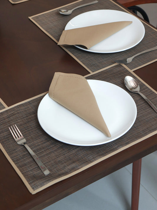 Solid Dinner Table Mats and Table Napkin | Flat Piping | Set of 6 | Brown and Beige | Polyester | Cotton | 12 Inch x 18 Inch | 16 Inch x 16 Inch