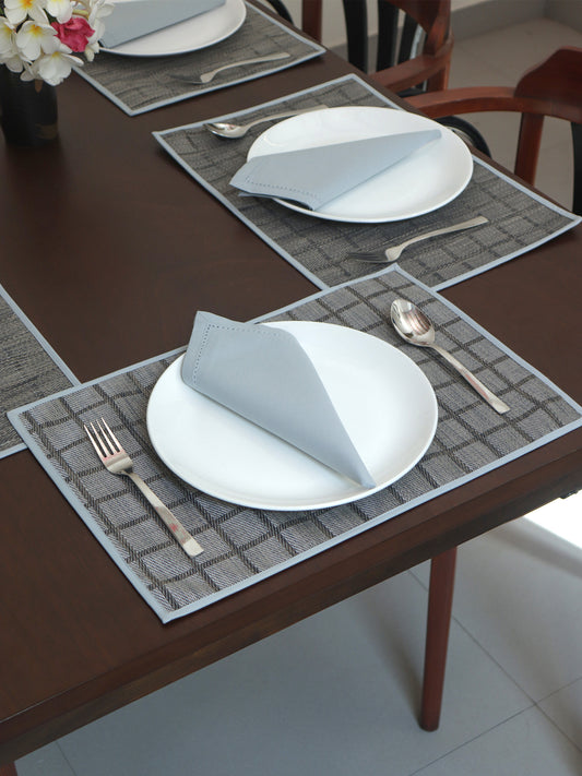 Solid Dinner Table Mats and Table Napkin | Flat Piping | Set of 6 | Grey and Blue | Polyester | Cotton | 12 Inch x 18 Inch | 16 Inch x 16 Inch
