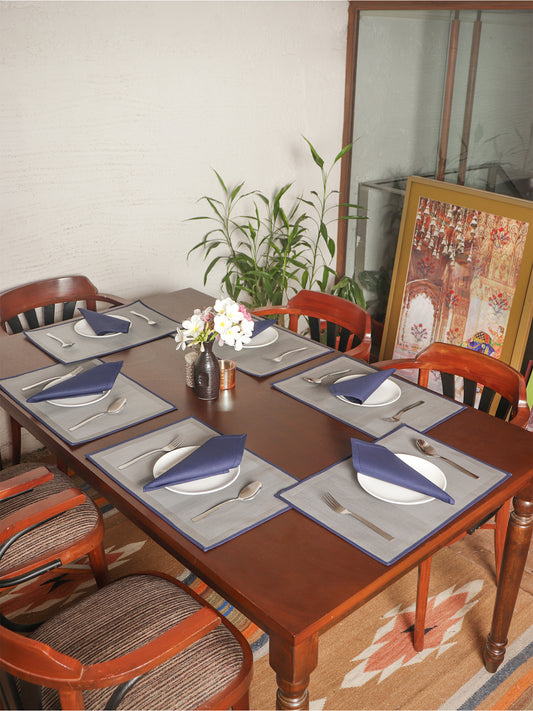 Solid Dinner Table Mats and Table Napkin | Flat Piping | Grey & Blue| Set of 6 | Polyester | Cotton | 12 Inch x 18 Inch | 16 Inch x 16 Inch