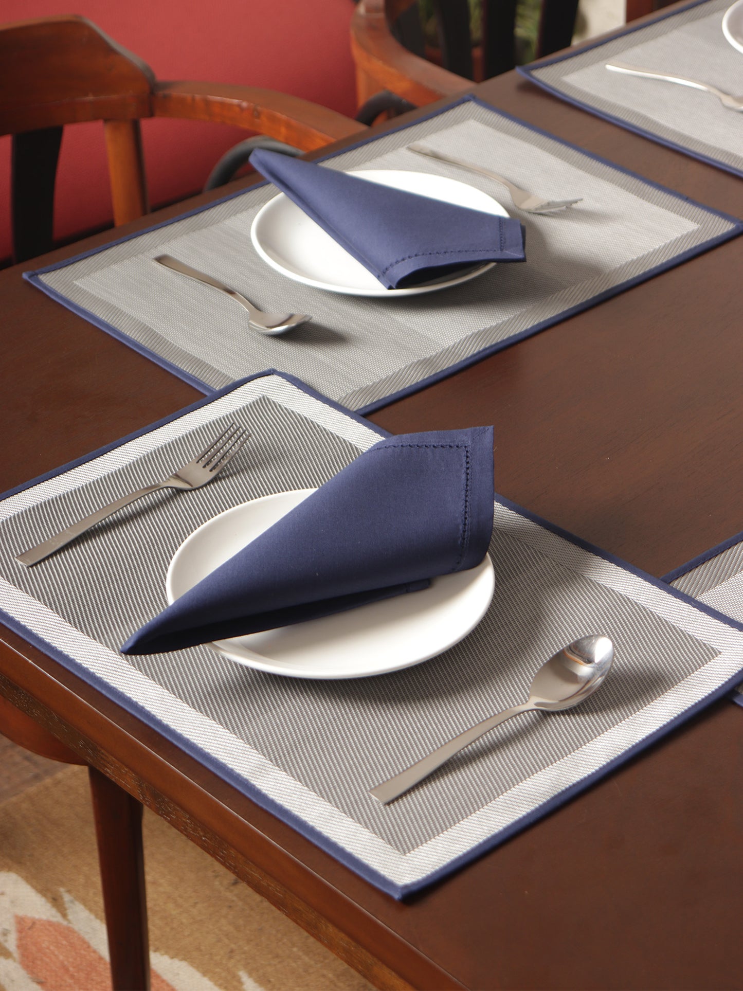 Table Mats and Napkin with Flat Piping, Brown and Mustard Yellow - 12x18in, 16x16in