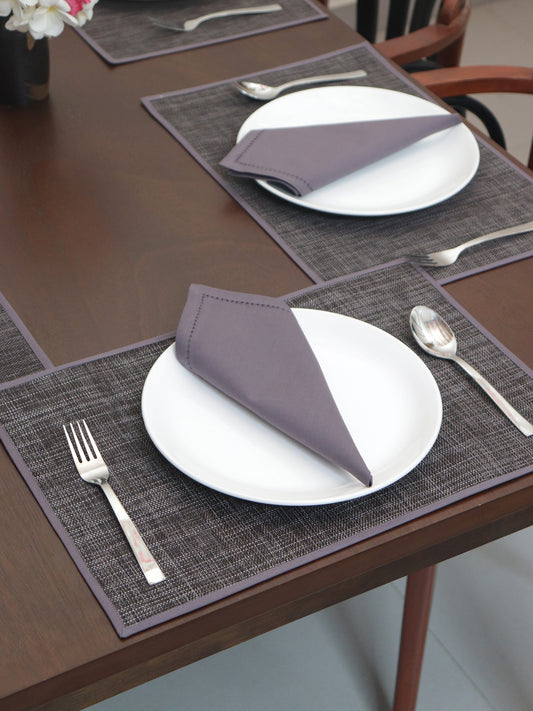 Solid Dinner Table Mats and Table Napkin | Flat Piping | Grey & Lilac | Set of 6 | Polyester | Cotton | 12 Inch x 18 Inch | 16 Inch x 16 Inch