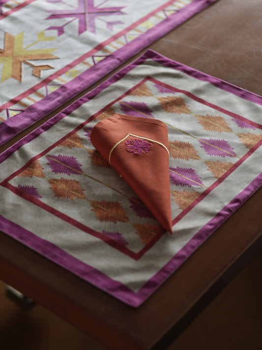 Phulkari Motif Embroidered Orange Table Napkins | Set of 6 | 16 Inch x 16 Inch | Velvet