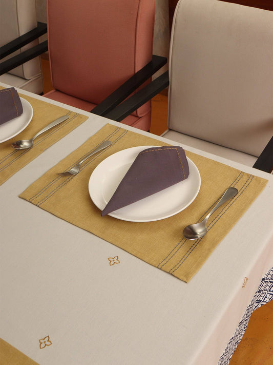 Chawal Taka Embroidered Mats Napkins (Set of 6 each) Cotton Blend Green Grey - 13x18in, 16x16in