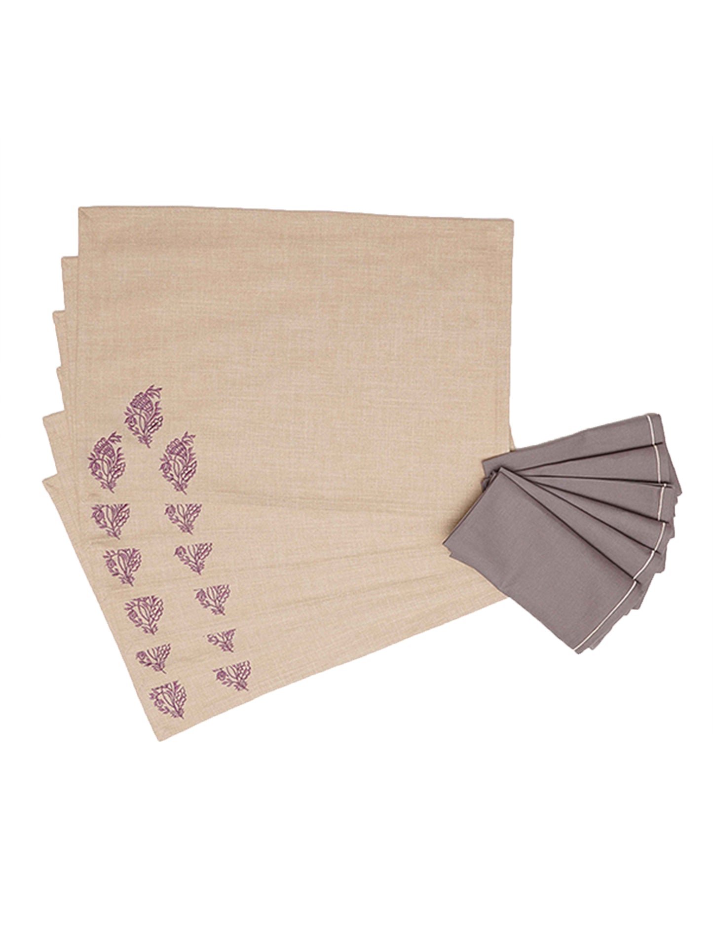 Table Mats and Napkins Cotton and Polyester Embroidered Beige and Mushroom Grey - 13" x 19" ; 16" x 16" - Set of 6
