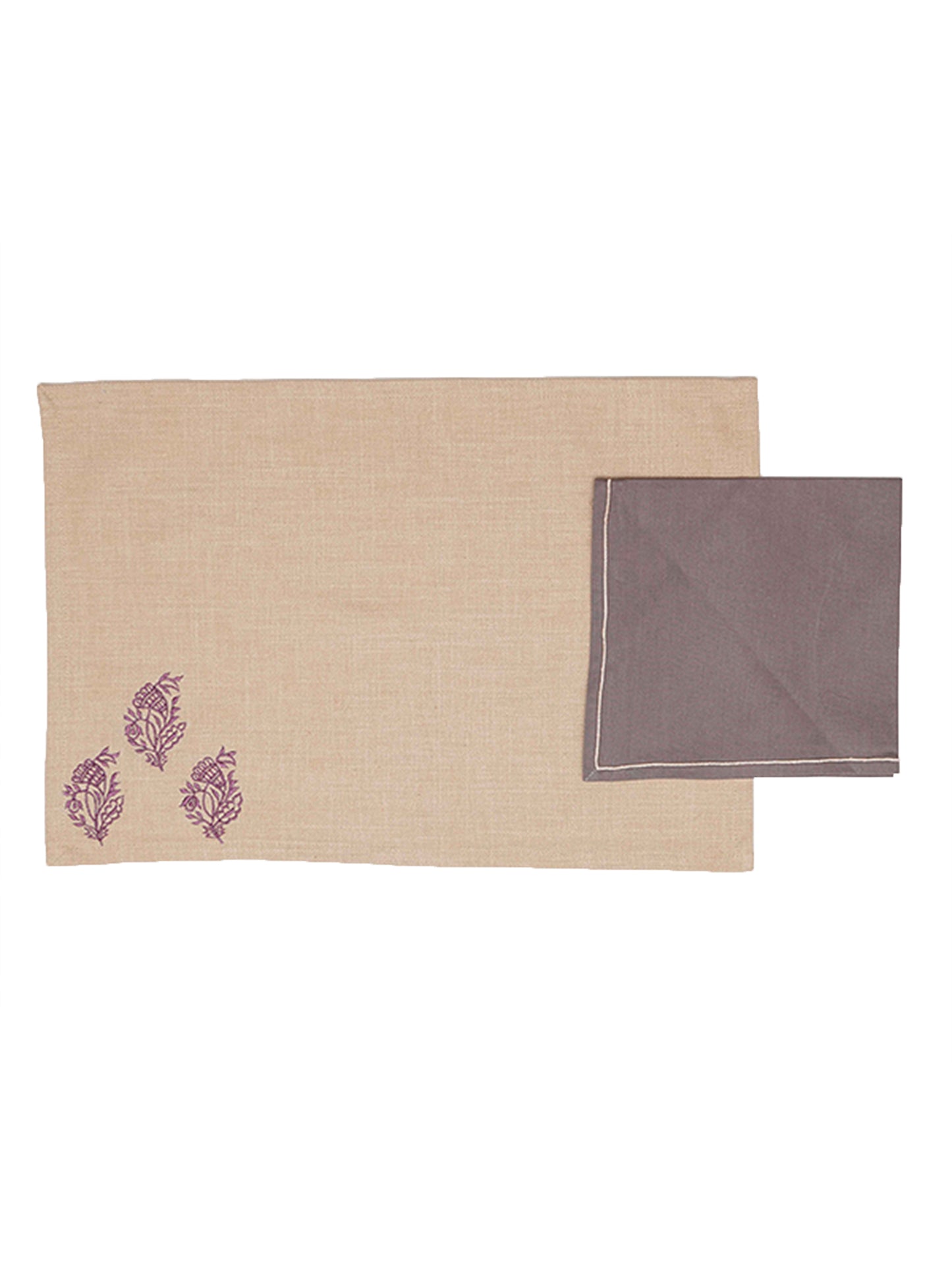 Table Mats and Napkins Cotton and Polyester Embroidered Beige and Mushroom Grey - 13" x 19" ; 16" x 16" - Set of 6