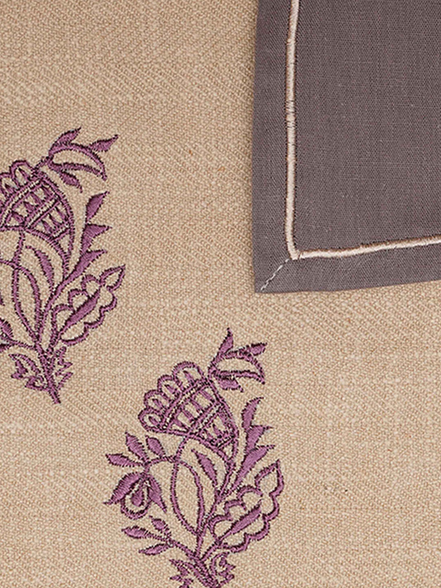Table Mats and Napkins Cotton and Polyester Embroidered Beige and Mushroom Grey - 13" x 19" ; 16" x 16" - Set of 6