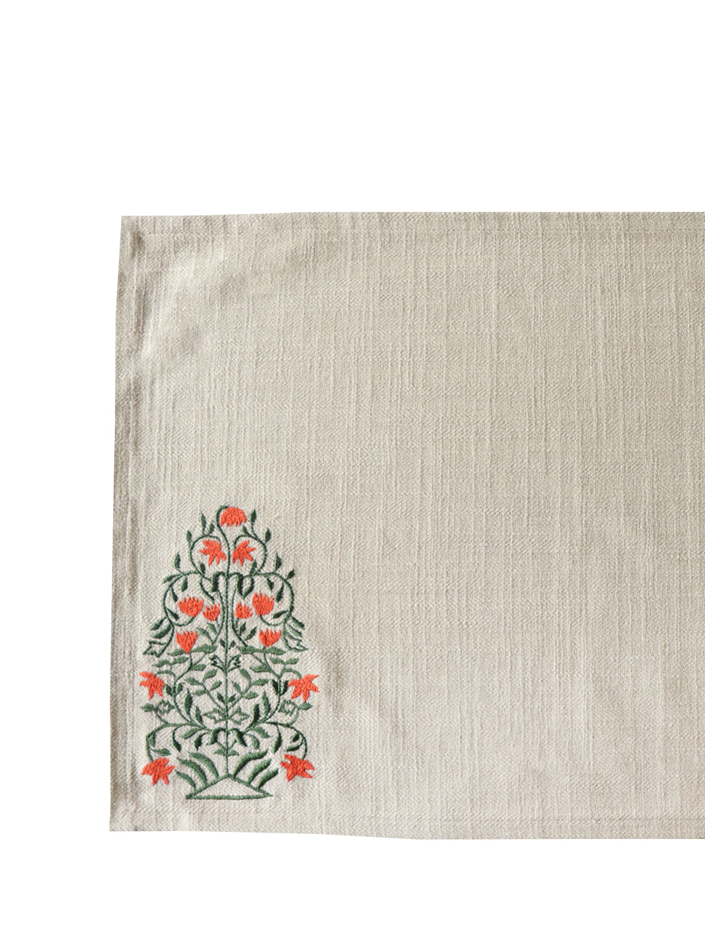 closeup of floral embroidered dining table mats in beige and rust color combo - 13x19 inch