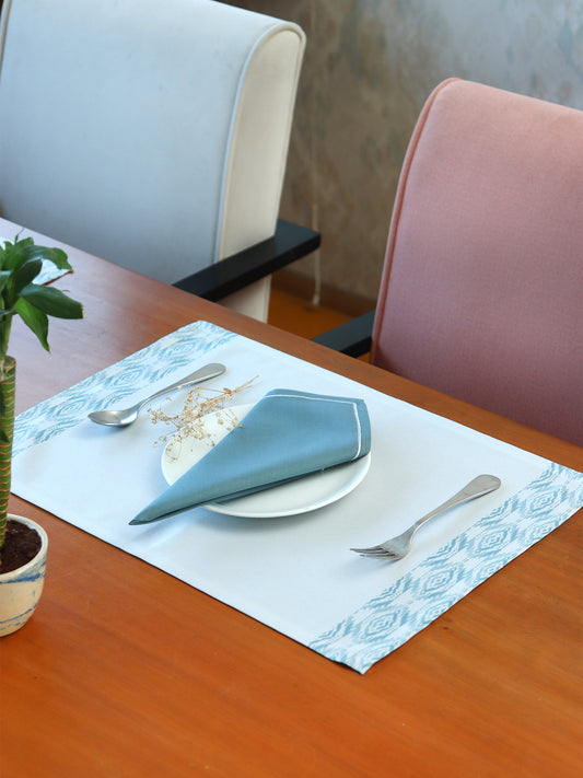 printed dinner placemats with embroidered napkins in light blue , set of 6 each - 13x19 inch