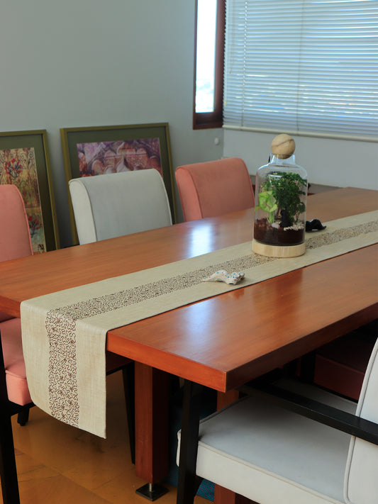 Aari Embroidered Beige Table Runner | 4 and 6 Seater | 12 Inch x 84 Inch | Cotton