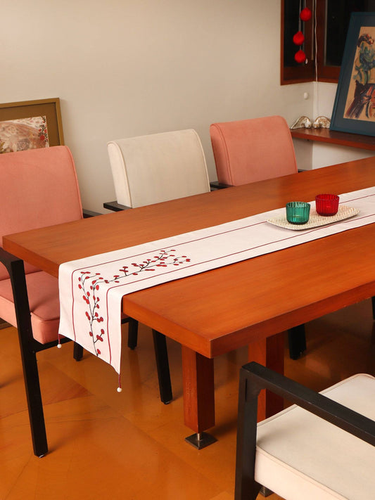 Zari Floral Embroidered Table Runner for 4/6 Seater Cotton Polyester with Tassels Off White - 12in x 84in