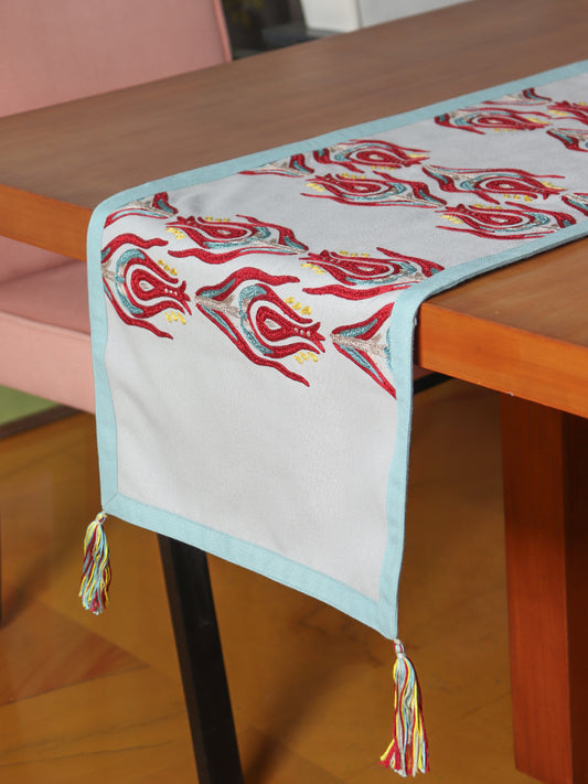 Hand embroidered table runner with patchwork on edges and Tassels on corners for 6 seater dining table - 12x84 inch