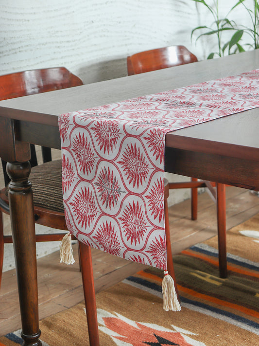hand embroidered maroon table runner with tassels for 6 seater dining table - 12x84 inch