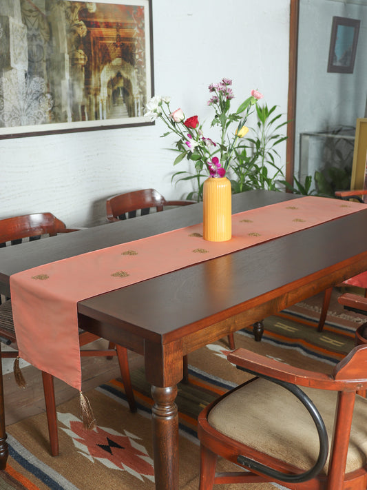 peach table runner with golden hand embroidery in motif forms and tassels - 12x84 inch