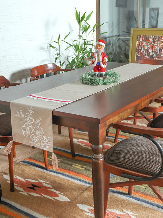 beige table runner with floral embroidery with lace and tassels for 6 seater dining table - 12x84 inch