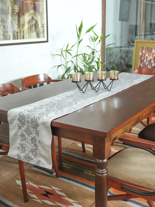 Grey table runner with floral embroidery with hand crafted applique design - 12x84 inch