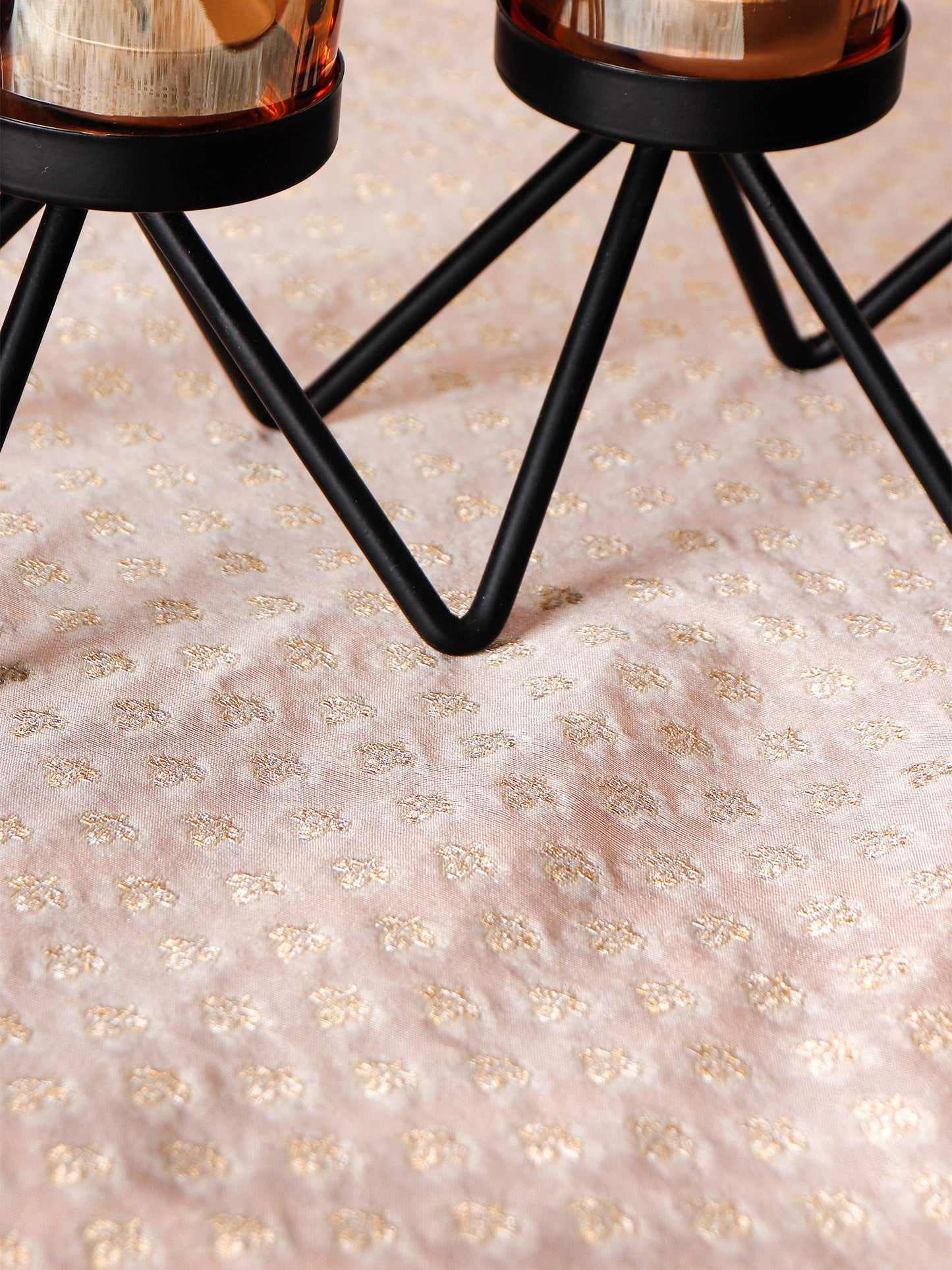 Brocade Silk Table Runner with Floral Pattern and Golden Tassles | Off White - 12in X 84in