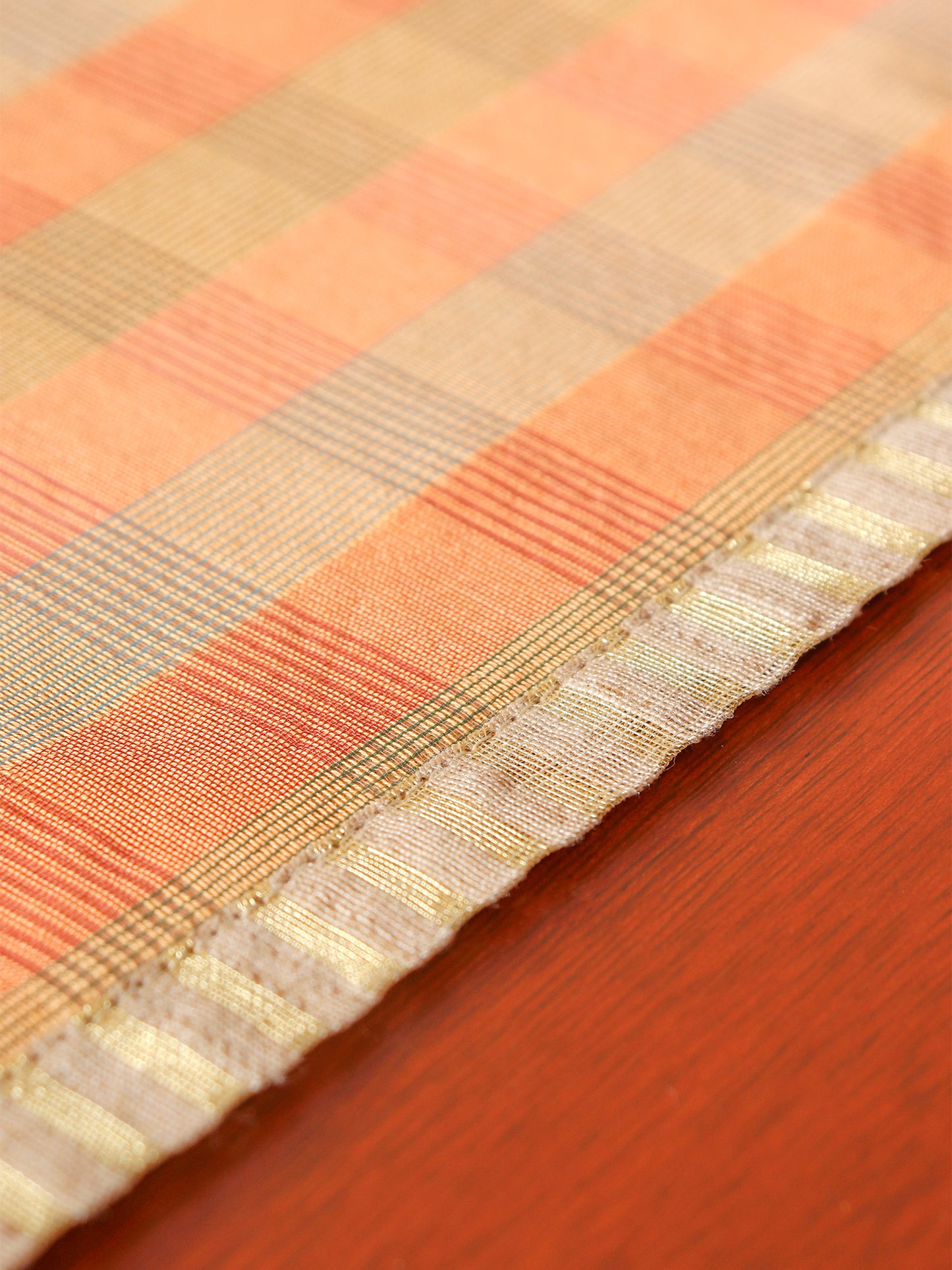 Brocade Table Runner with Checkered Pattern with Tassles | Orange - 12in X 84in